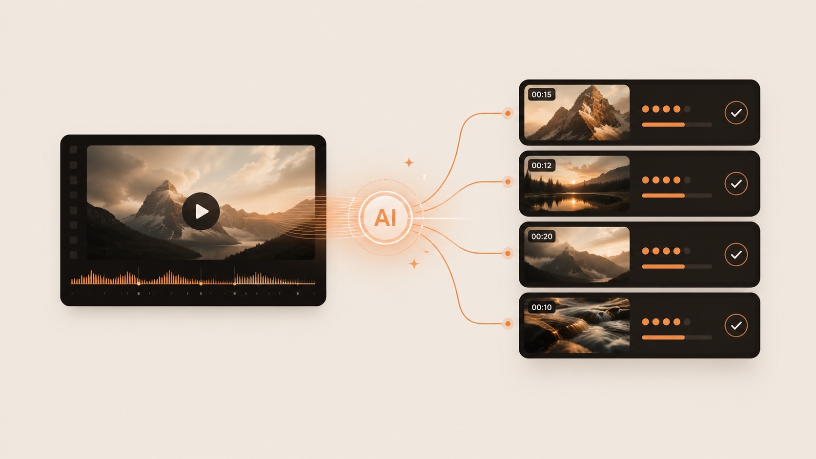 ClipAd clip engine: a long video is analyzed by AI and split into ad-ready clips, each scored for ad-fit and approved