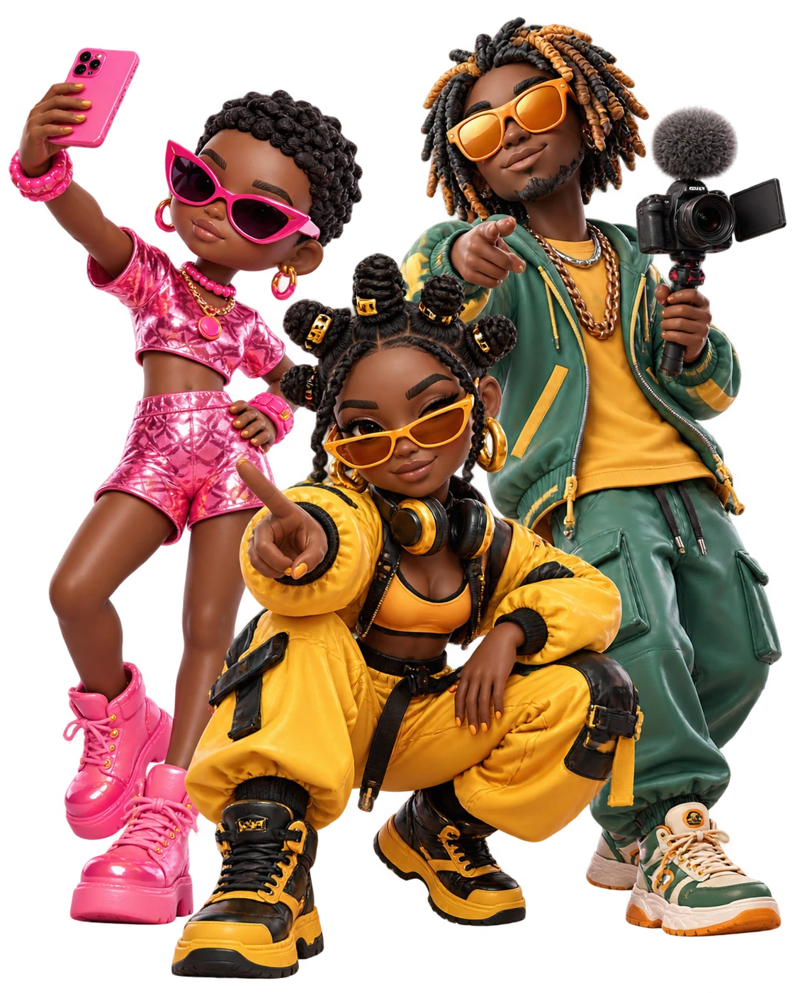 Three African creators: one taking a selfie, one filming, one pointing at you