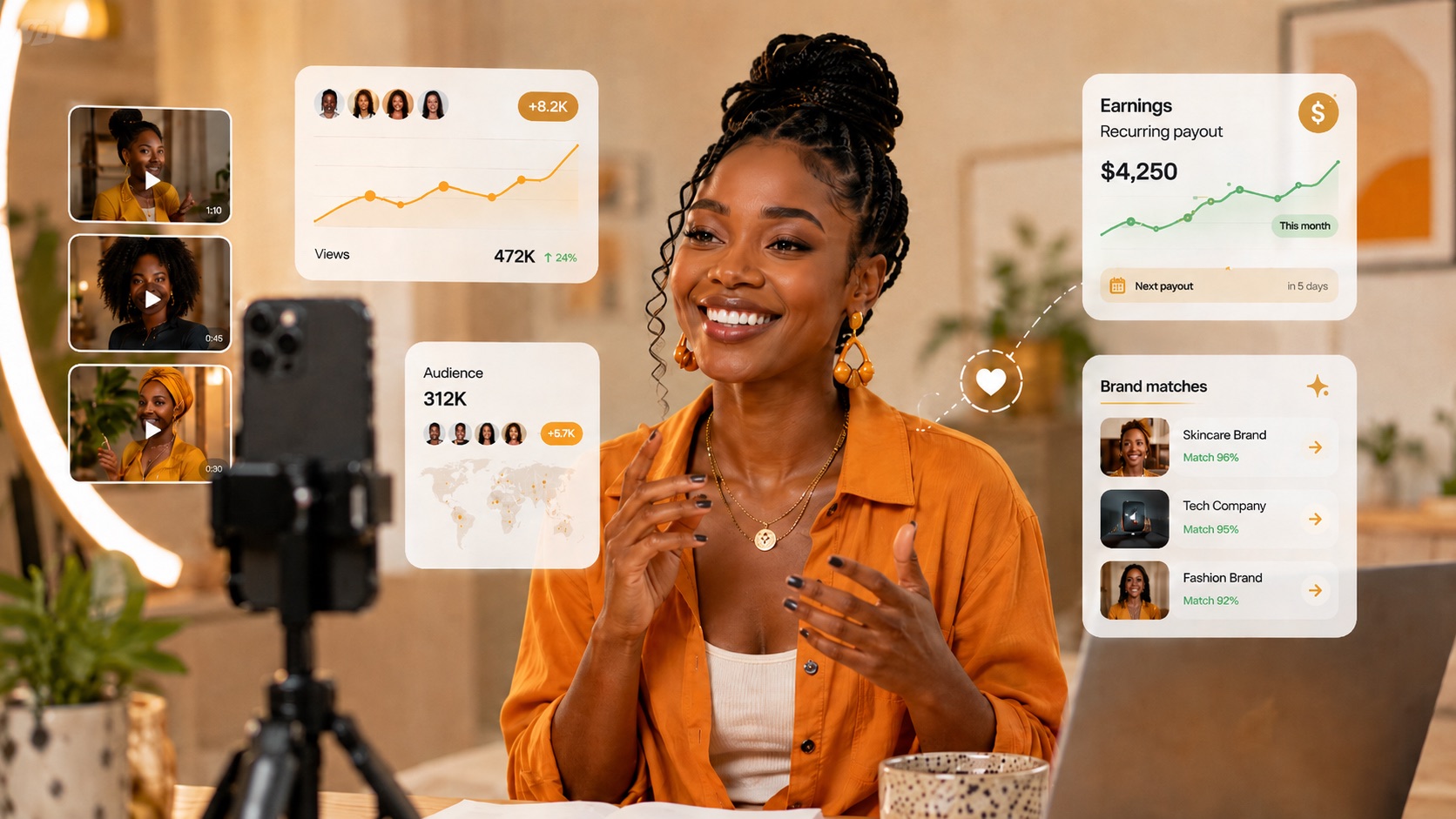 An African video creator records content on a phone with ClipAd dashboards floating around her — views, audience, recurring earnings and brand matches