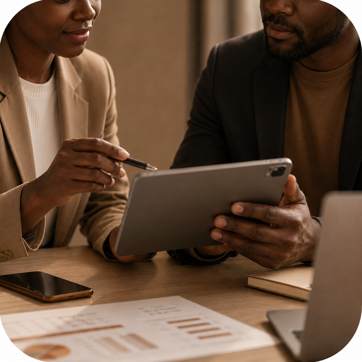 Two brand marketers reviewing analytics on a tablet