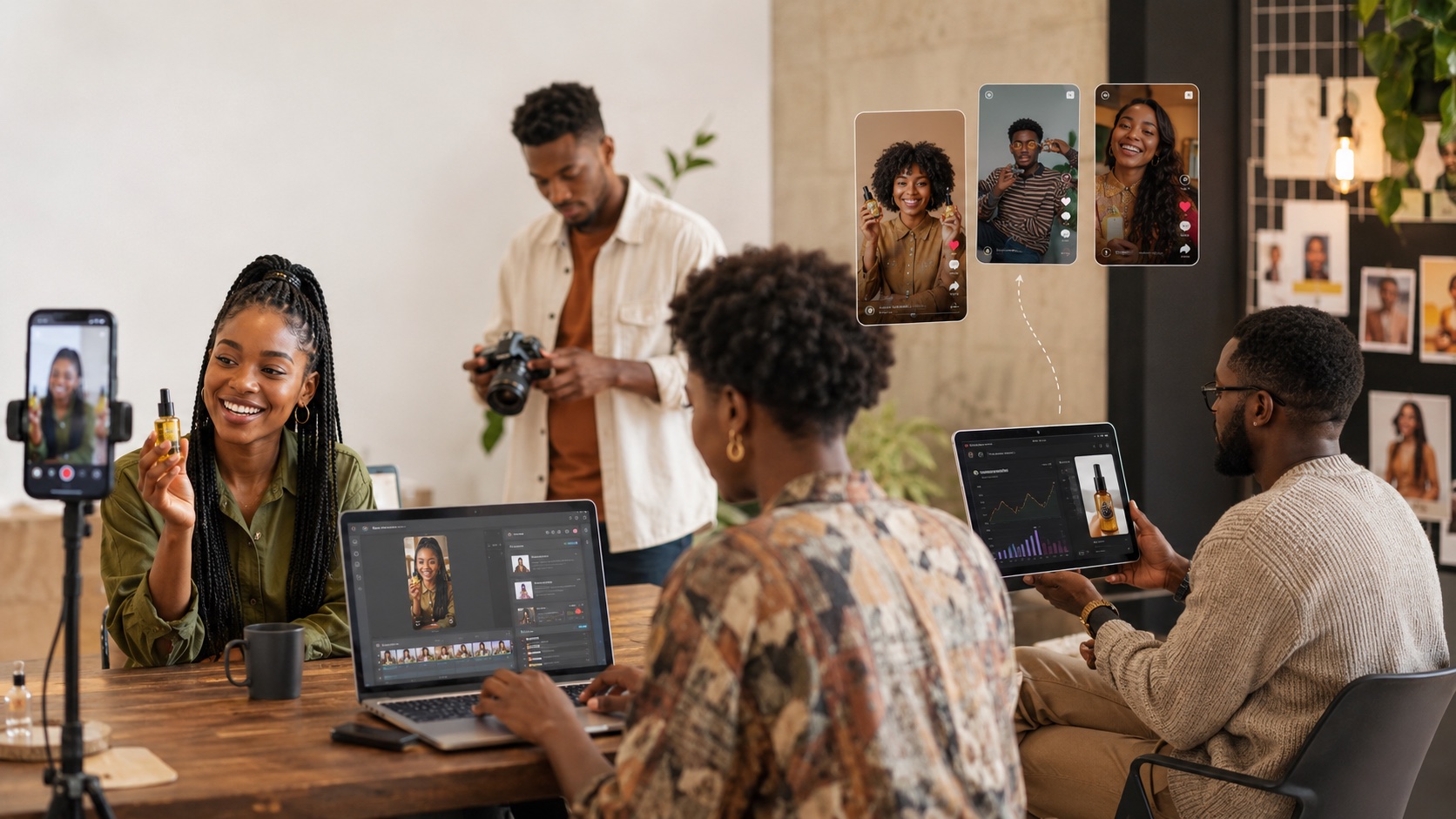 African content creators filming a product video in a studio, with brand campaign dashboards and creator clips on their screens