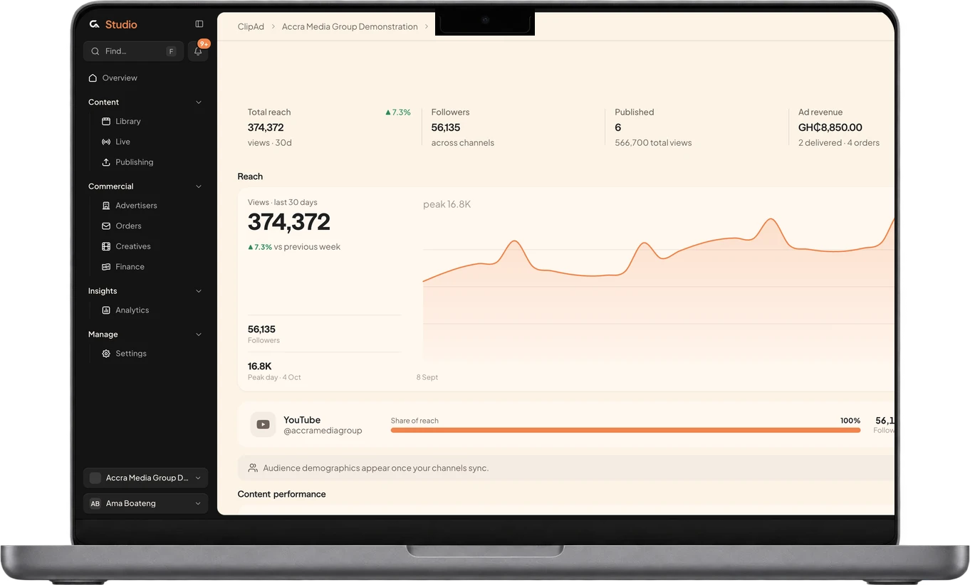 ClipAd Studio dashboard on a laptop