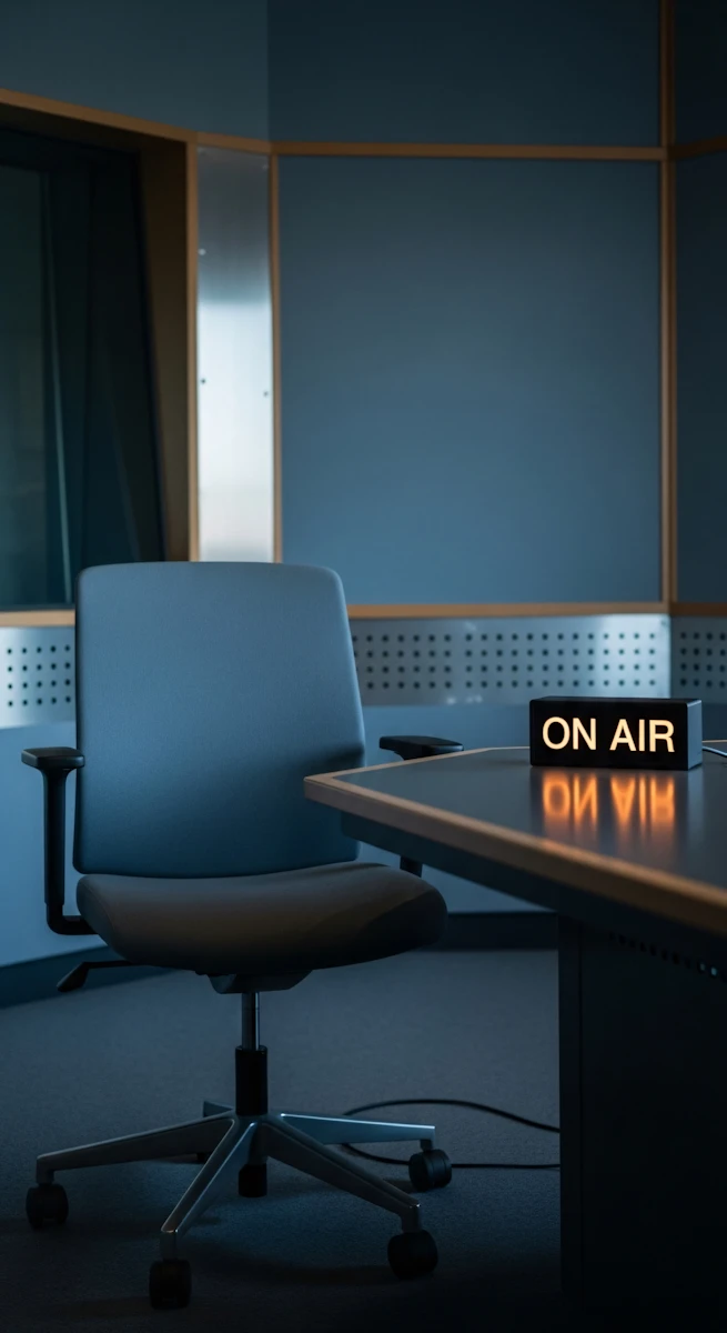 An empty radio studio with an On Air sign