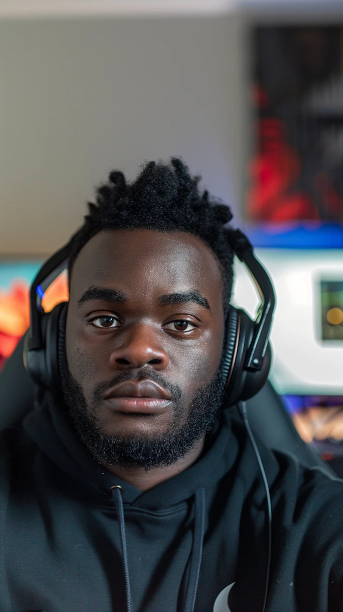 A media producer wearing headphones at his desk