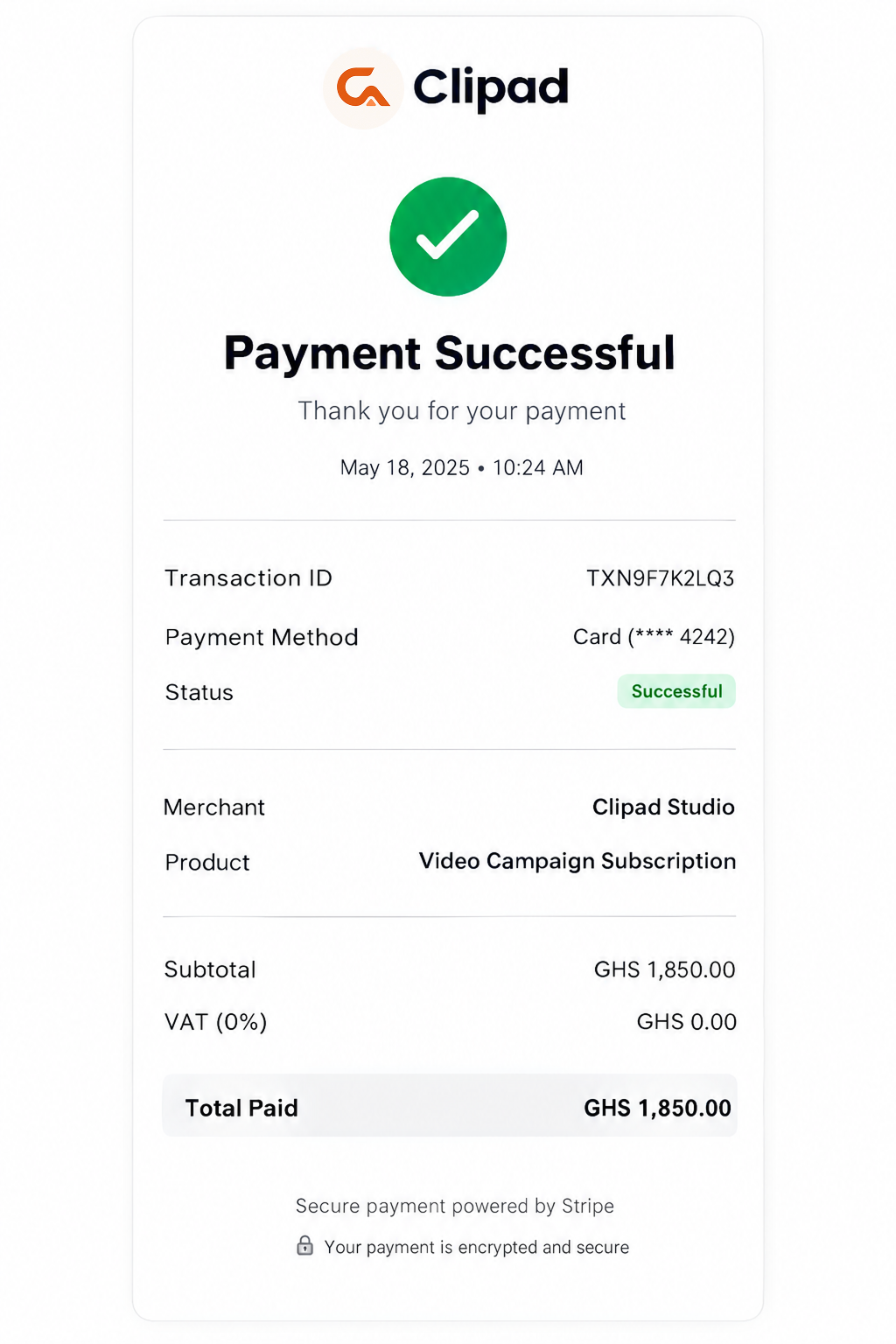 ClipAd payment receipt showing a successful payout